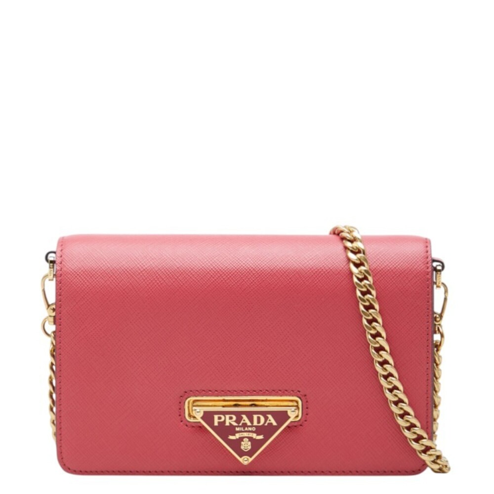 Prada Triangle Logo Plate Crossbody Wallet Chain Shoulder Bag Pink Saffiano L...